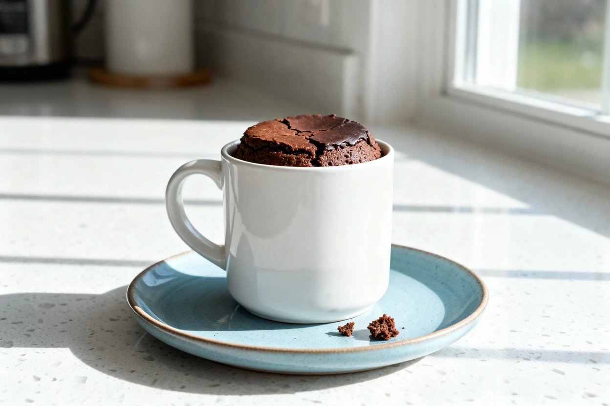 bout 35 degrees) realistic home-kitchen photo of the exact same finished keto chocolate mug cake in