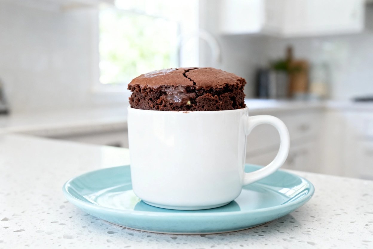 shot (about 40–45 degrees) of the same finished low-carb keto chocolate mug cake in the same white