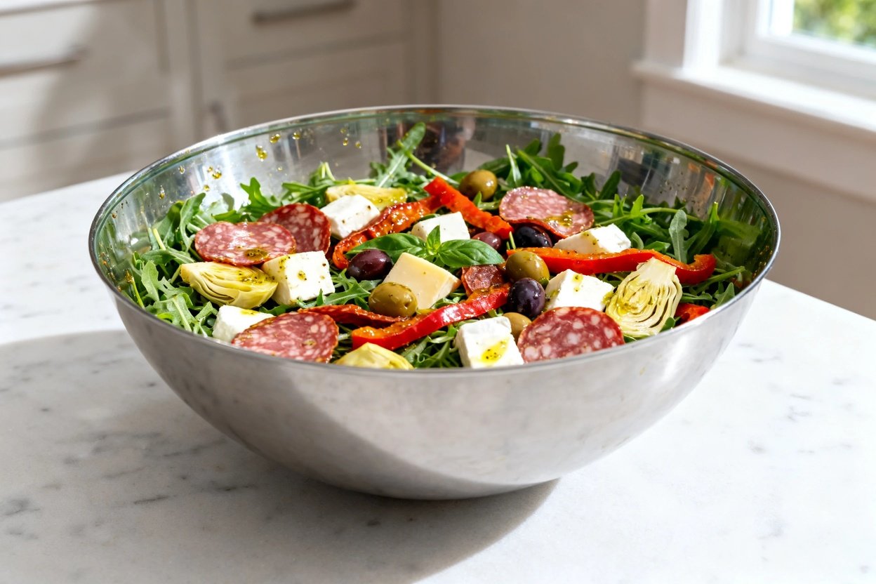 mera perspective (~35 degrees) showing the exact same finished Keto Low Carb Italian Antipasto Salad