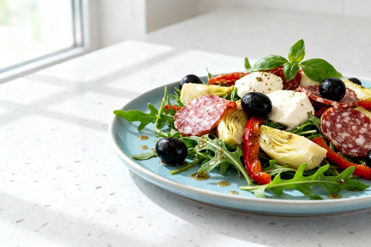 shot (~40–45 degrees) of the same finished Keto Low Carb Italian Antipasto Salad plated on the same