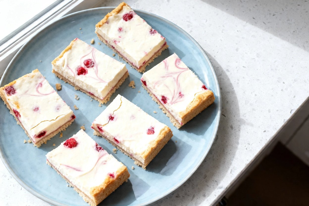 top-down food photo of Low Carb Raspberry Cream Cheese Bars: several uniform rectangular bars (same