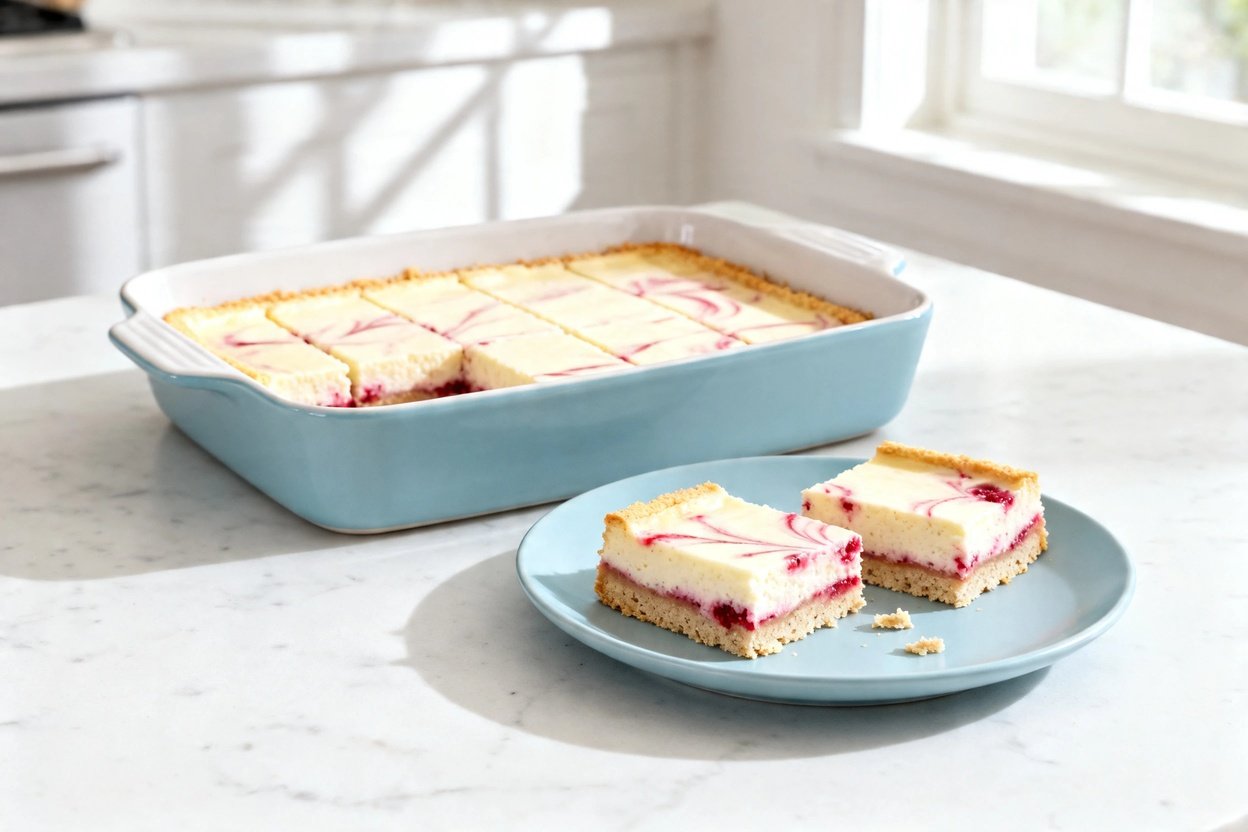 –40 degree perspective showing the exact same finished Low Carb Raspberry Cream Cheese Bars (same re