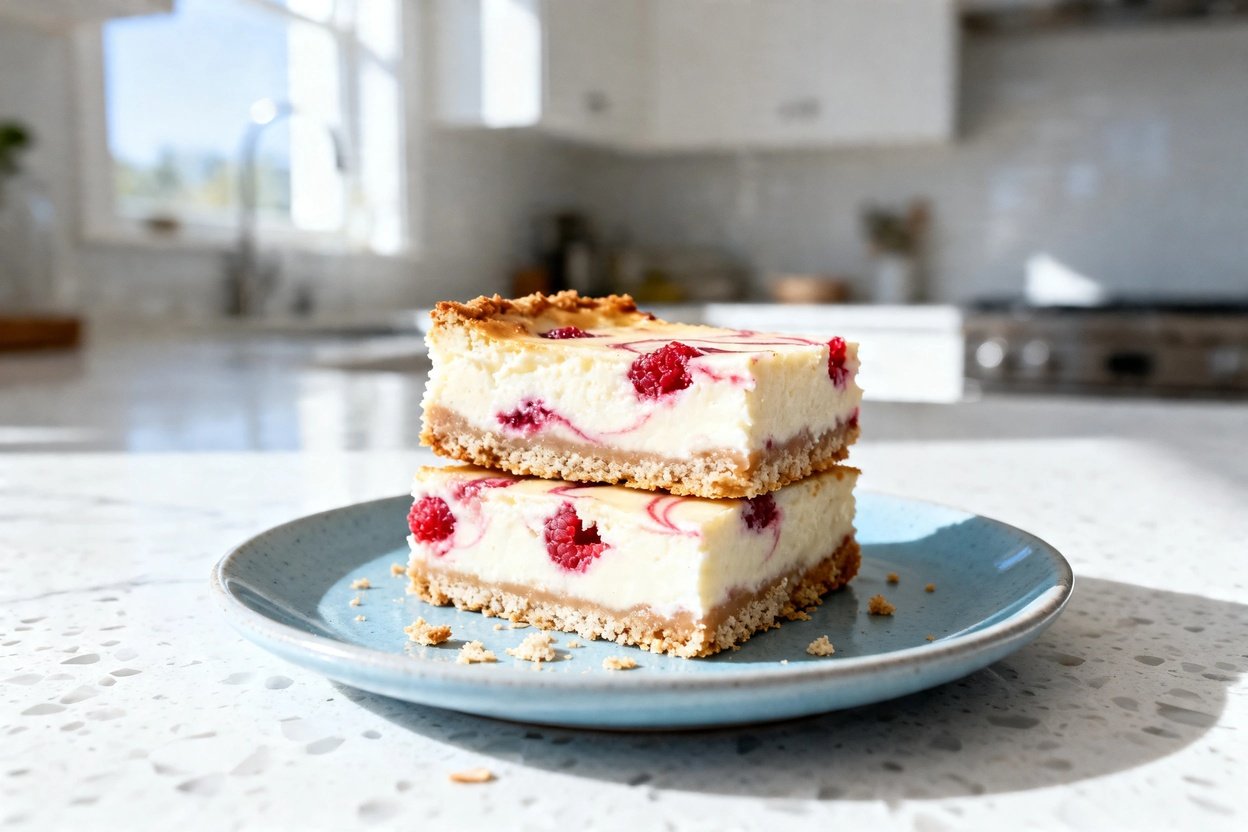  shot at about 30–45 degrees of the same Low Carb Raspberry Cream Cheese Bars plated on the same sty