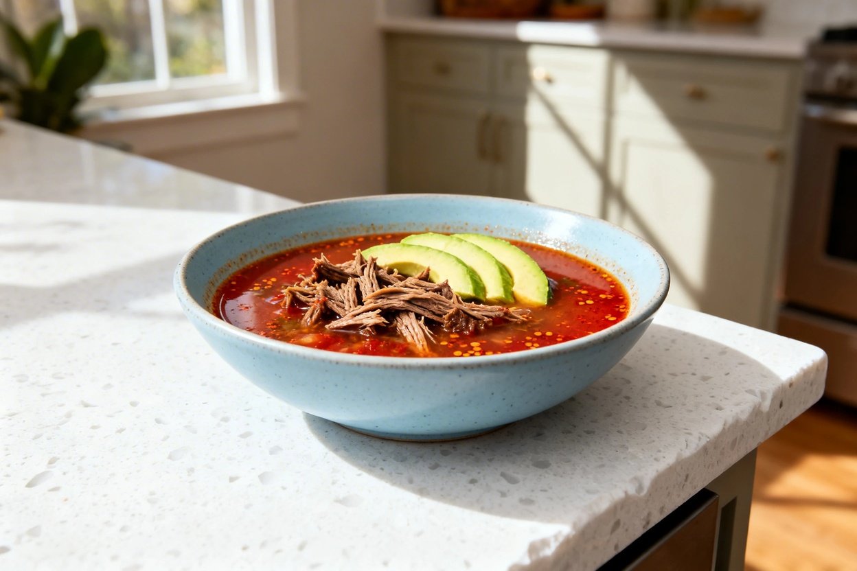 bout 35°) photo of the exact same finished keto Mexican beef soup in the same light blue ceramic bow