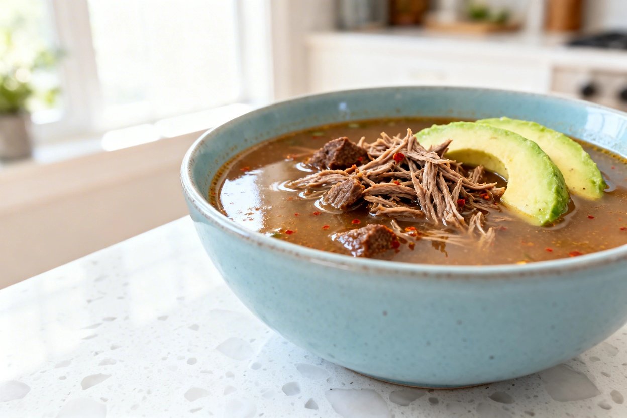  shot (about 40–45°) of the same finished keto Mexican beef soup plated in the same light blue ceram