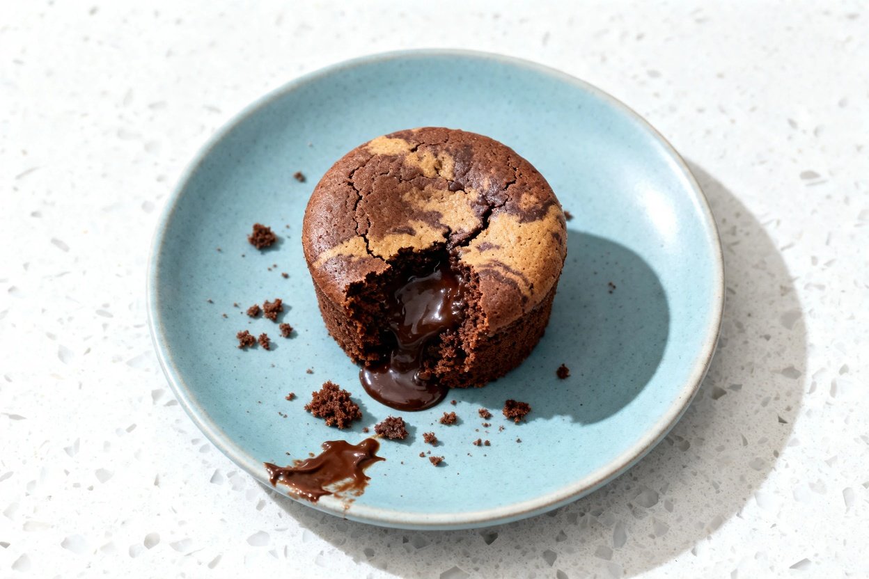 top-down food photo of a single serving keto peanut butter chocolate mug cake plated out of its mug