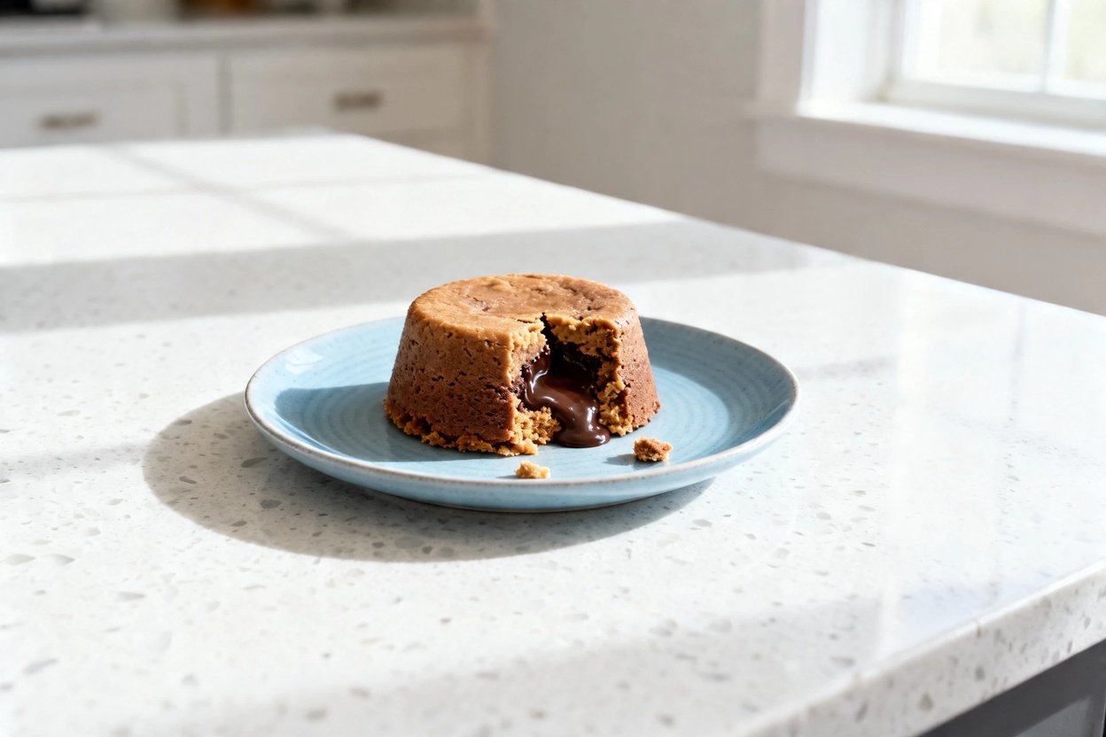 –40° camera view of the same finished keto peanut butter chocolate mug cake, same single portion and