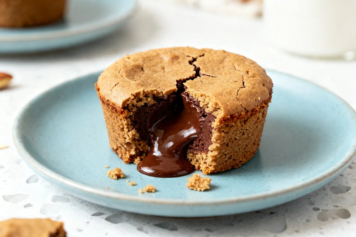 shot at 30–45° of the identical plated keto peanut butter chocolate mug cake on the same light blue