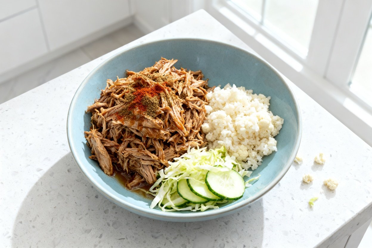 top-down food photo of a single keto meal prep bowl: a generous mound of tender shredded pulled por