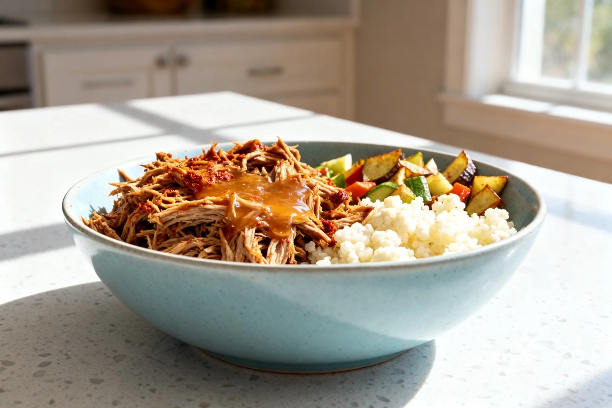 bout 35°) realistic food photo of the exact same finished keto pulled pork meal prep bowl: shredded