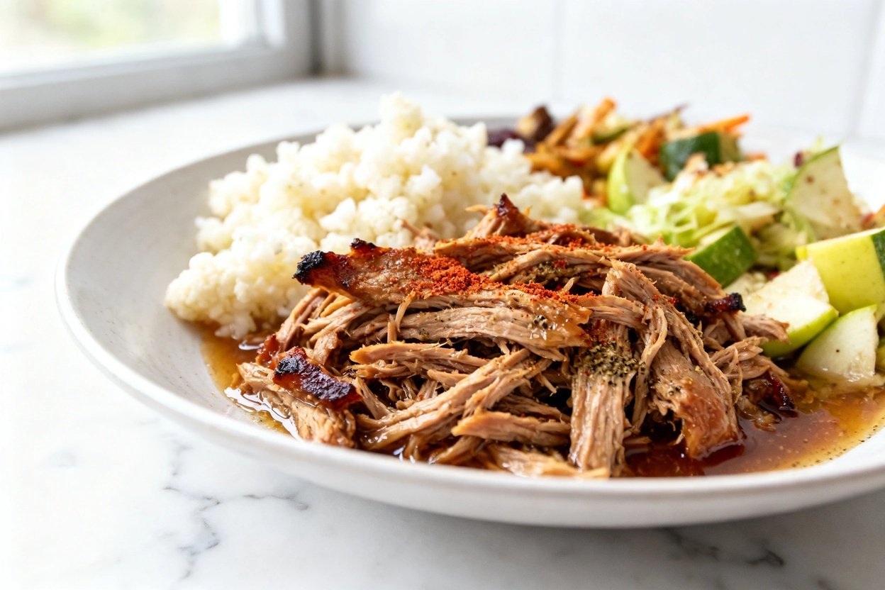shot (about 40–45°) emphasizing texture of the same plated keto pulled pork meal prep bowl on ident