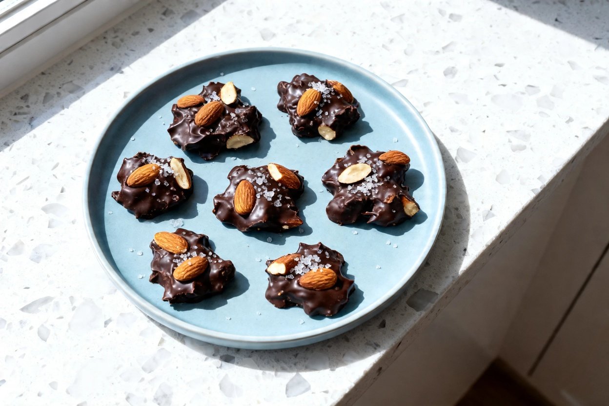 top-down food photograph of keto sea salt chocolate almond clusters: irregular bite-size mounds of g
