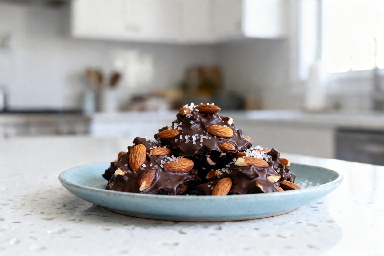 bout 35°) realistic food photo of the exact same finished keto sea salt chocolate almond clusters: t