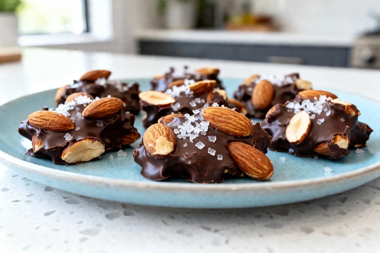  shot (about 40–45°) of the same finished keto sea salt chocolate almond clusters on the same light 