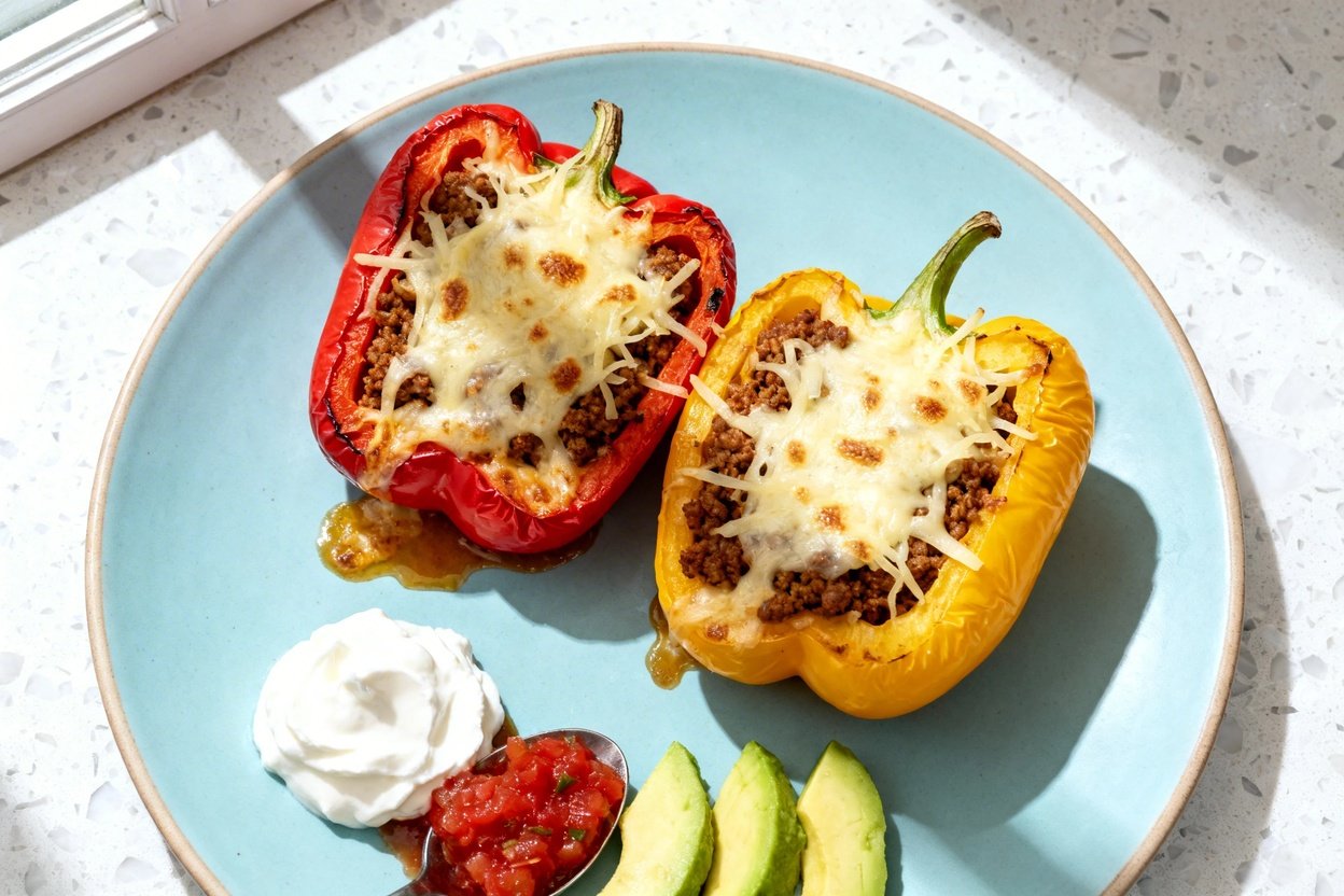 top-down food photograph of keto taco stuffed bell peppers: two roasted bell pepper halves (same co