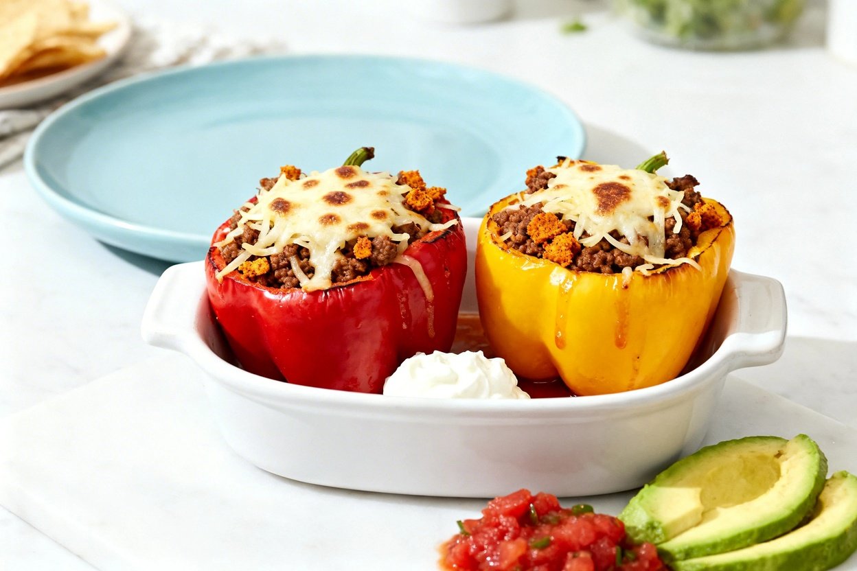bout 35 degrees) realistic food photo of the exact same finished keto taco stuffed bell peppers from