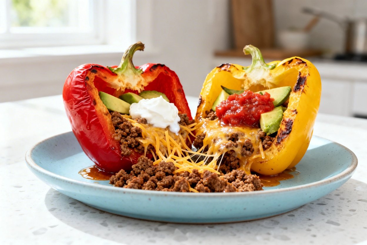shot (about 40–45 degrees) of the same plated keto taco stuffed bell peppers: two roasted bell pepp