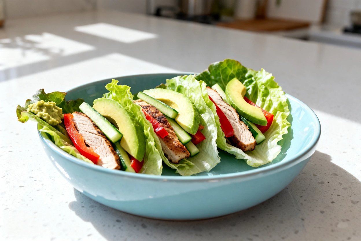 –40 degree perspective of the exact same finished Keto Turkey and Avocado Lettuce Wraps (three romai