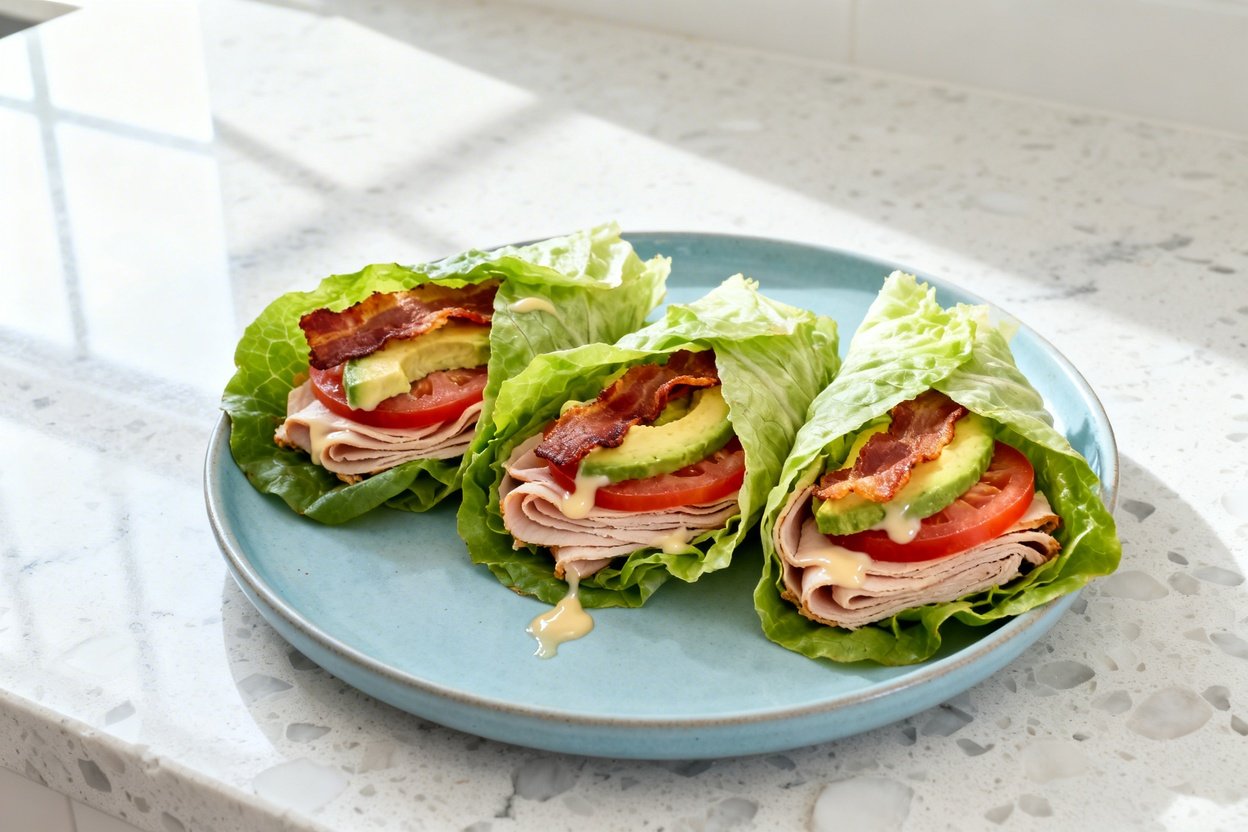top-down food photo of keto turkey club lettuce wraps: three large romaine lettuce leaves folded int