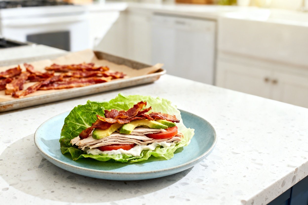 –40 degree perspective of the exact same finished keto turkey club lettuce wraps (same wrap form and