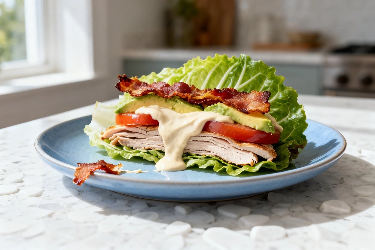  shot at 30–45 degrees of the same plated keto turkey club lettuce wraps on the same light blue cera
