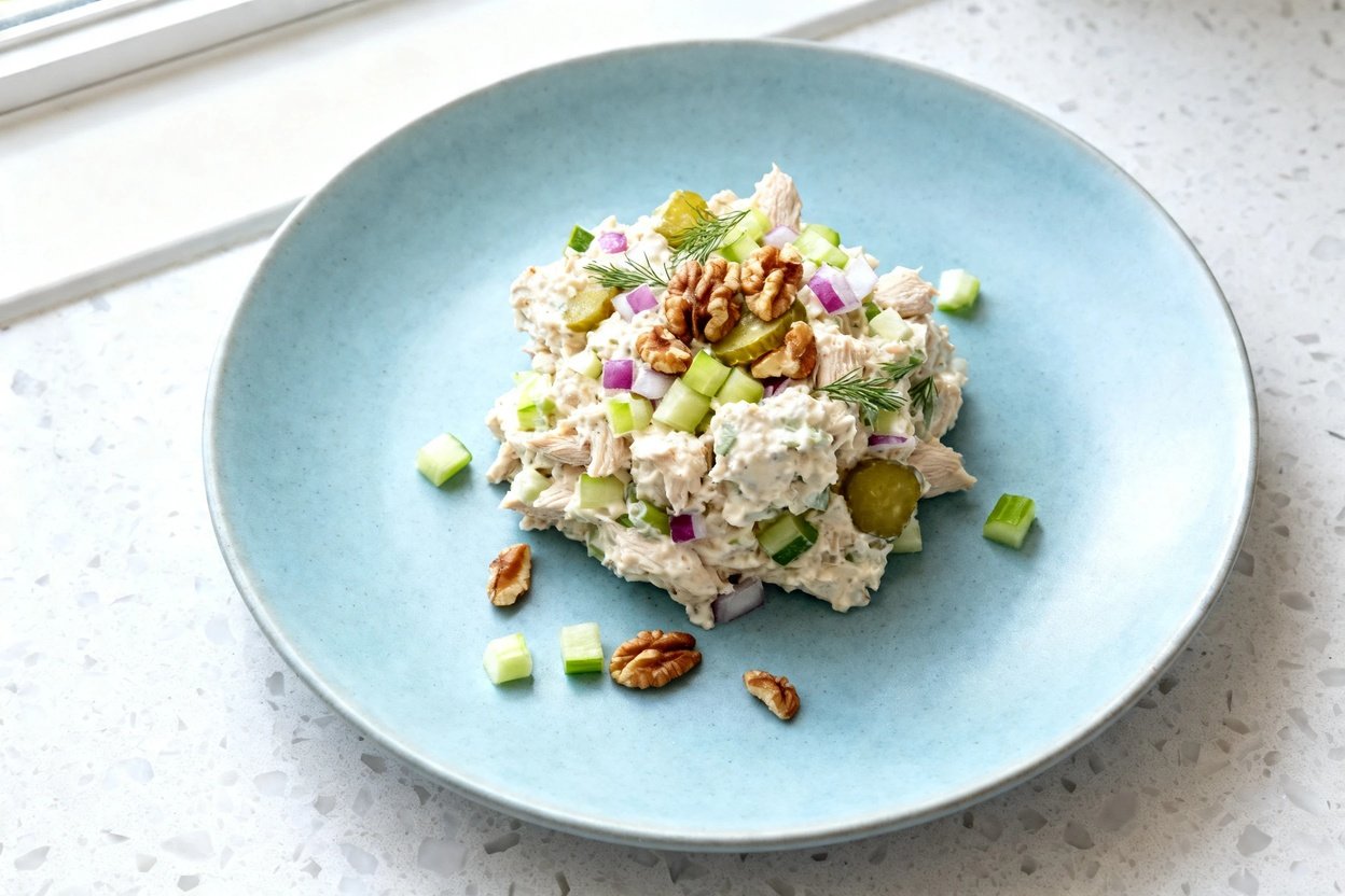 top-down food photo of a single serving of keto Waldorf chicken salad centered on a light blue ceram