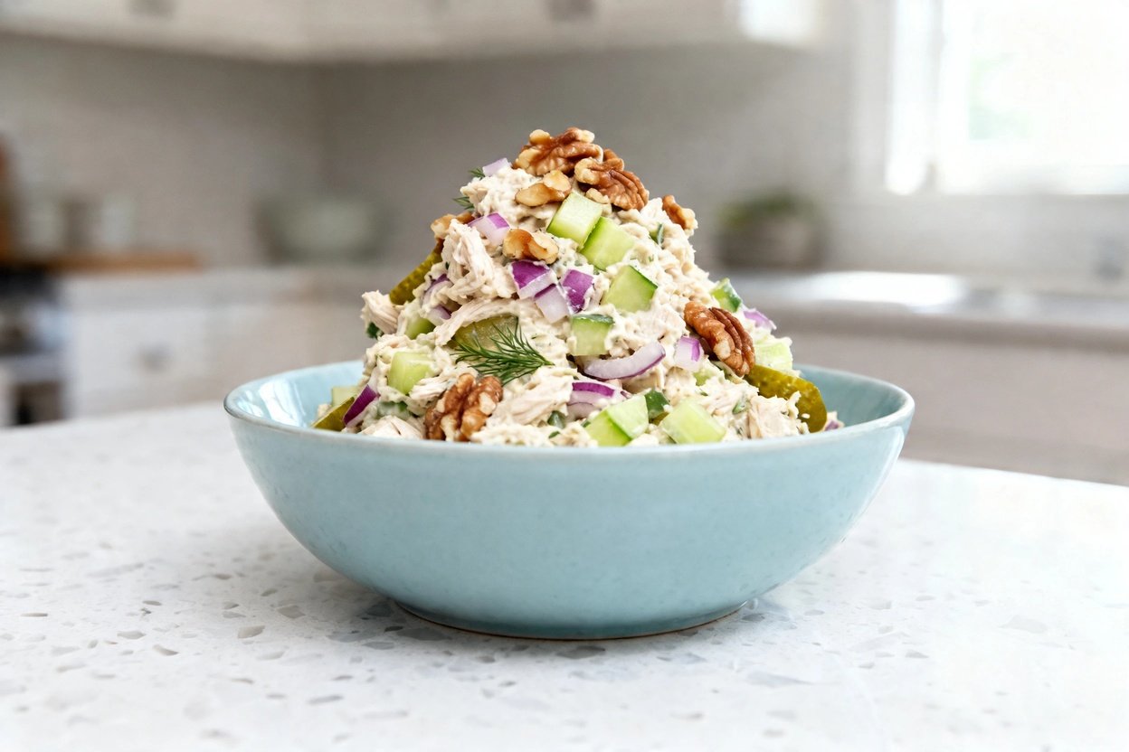 bout 35 degrees) realistic home kitchen food photo of the exact same keto Waldorf chicken salad (sam