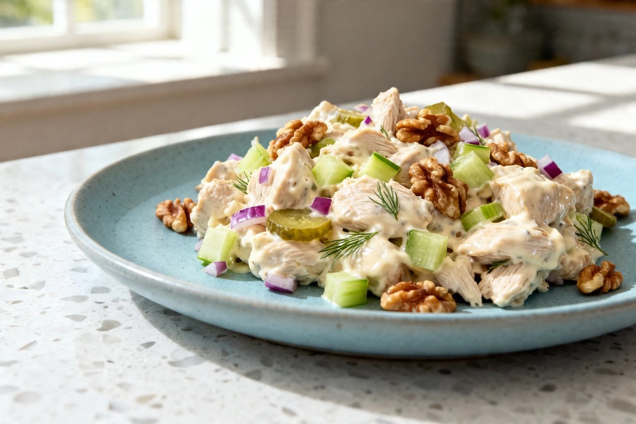  shot (about 40–45 degrees) of the same finished keto Waldorf chicken salad plated on the same light