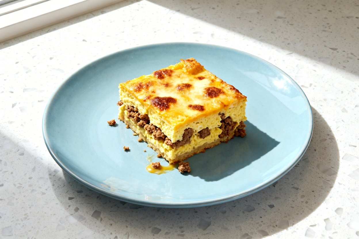 top-down food photo of a single serving square of keto sausage egg breakfast bake on a light blue c