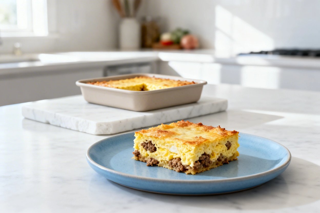 bout 35 degrees) realistic food photograph of the same keto sausage egg breakfast bake from the same