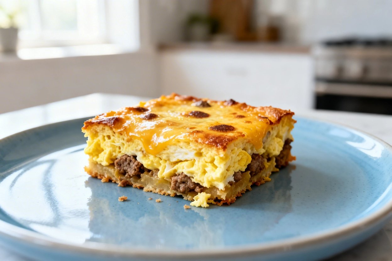 shot (about 40 degrees) of the same single square serving of keto sausage egg breakfast bake plated