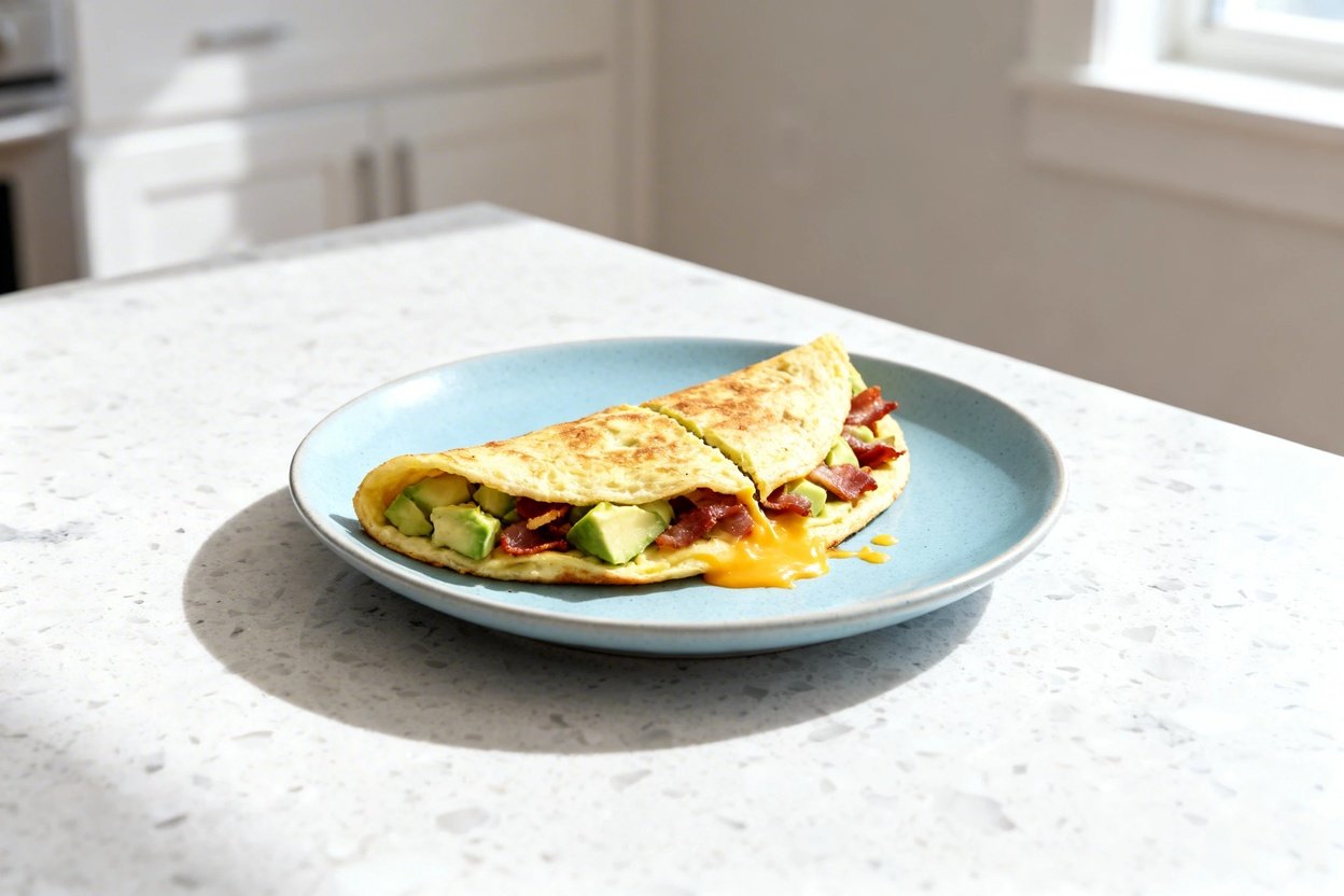 –40 degree camera view of the exact same finished low carb avocado bacon omelette (same half-moon fo