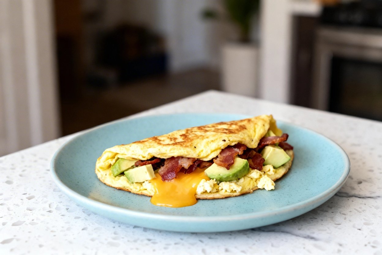  shot at approximately 30–45 degrees of the same plated low carb avocado bacon omelette on the same 