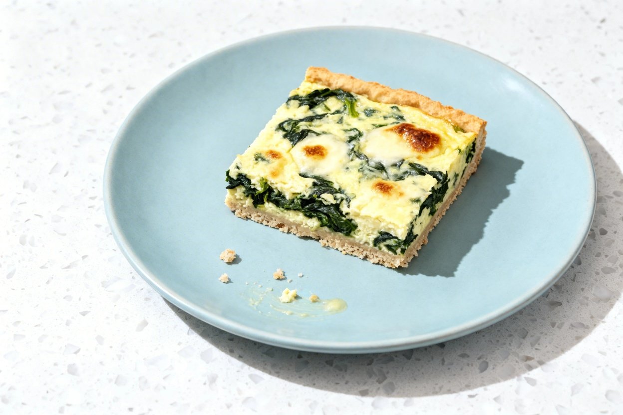 top-down food photo of a single serving square of low carb creamy spinach quiche with an almond flou