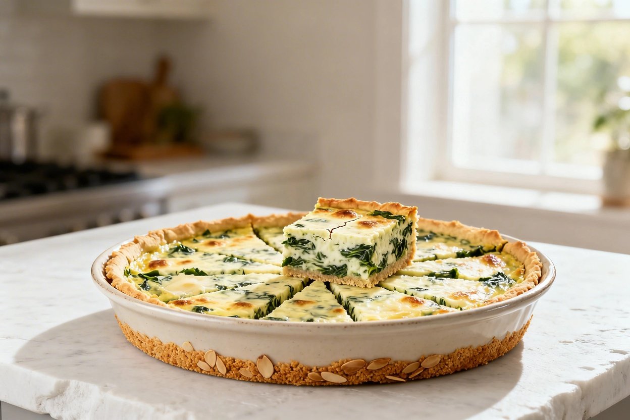 –40° camera view of the same low carb creamy spinach quiche with almond flour crust, shown in the fi