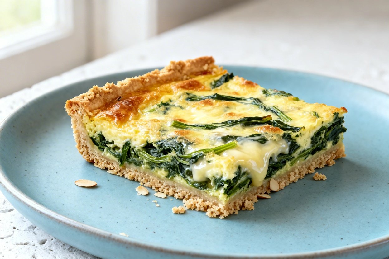  shot at ~35–45° of the same finished spinach quiche square on the same light blue ceramic plate, on