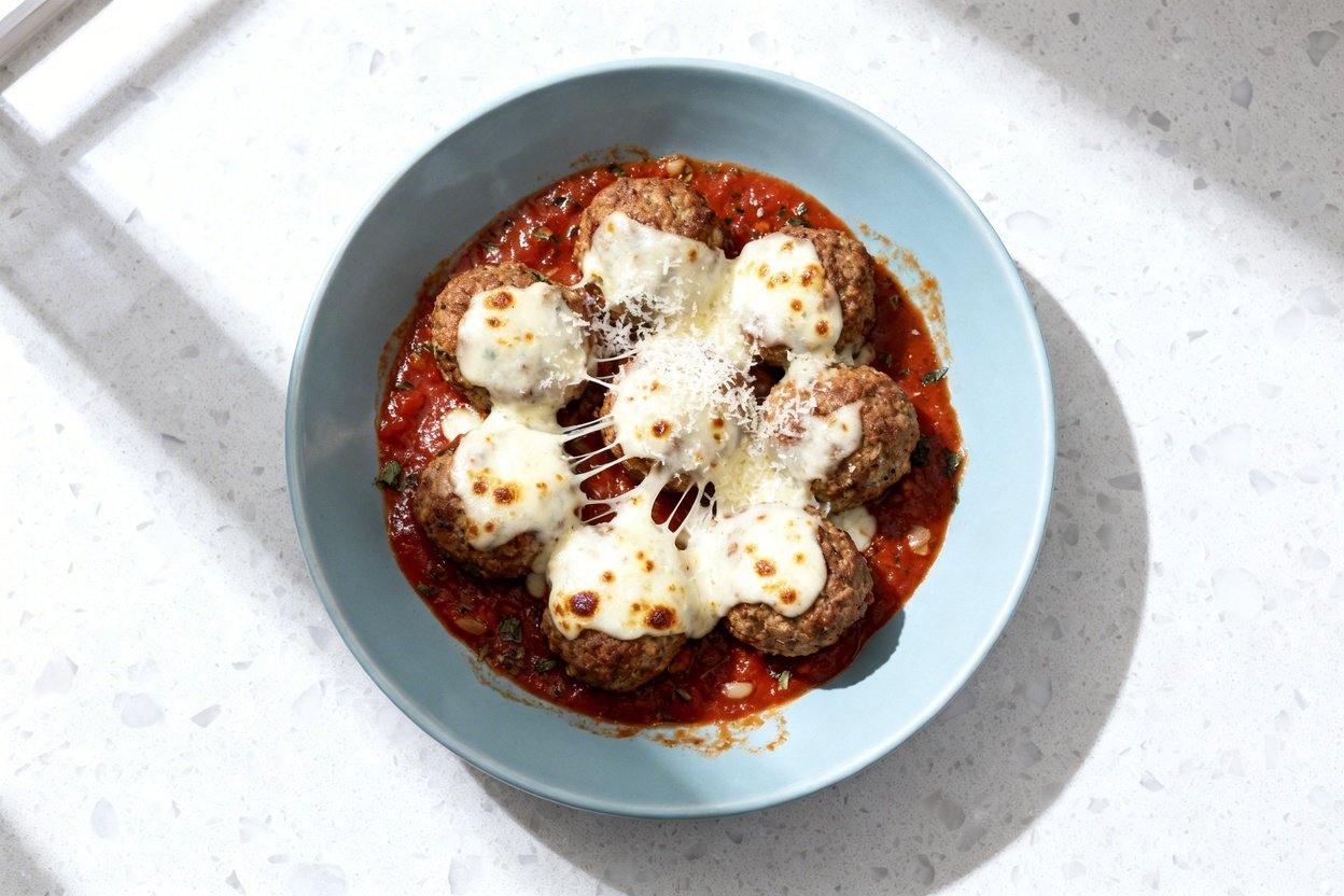 top-down food photo of a single serving of low carb Italian meatball skillet: browned beef or turke