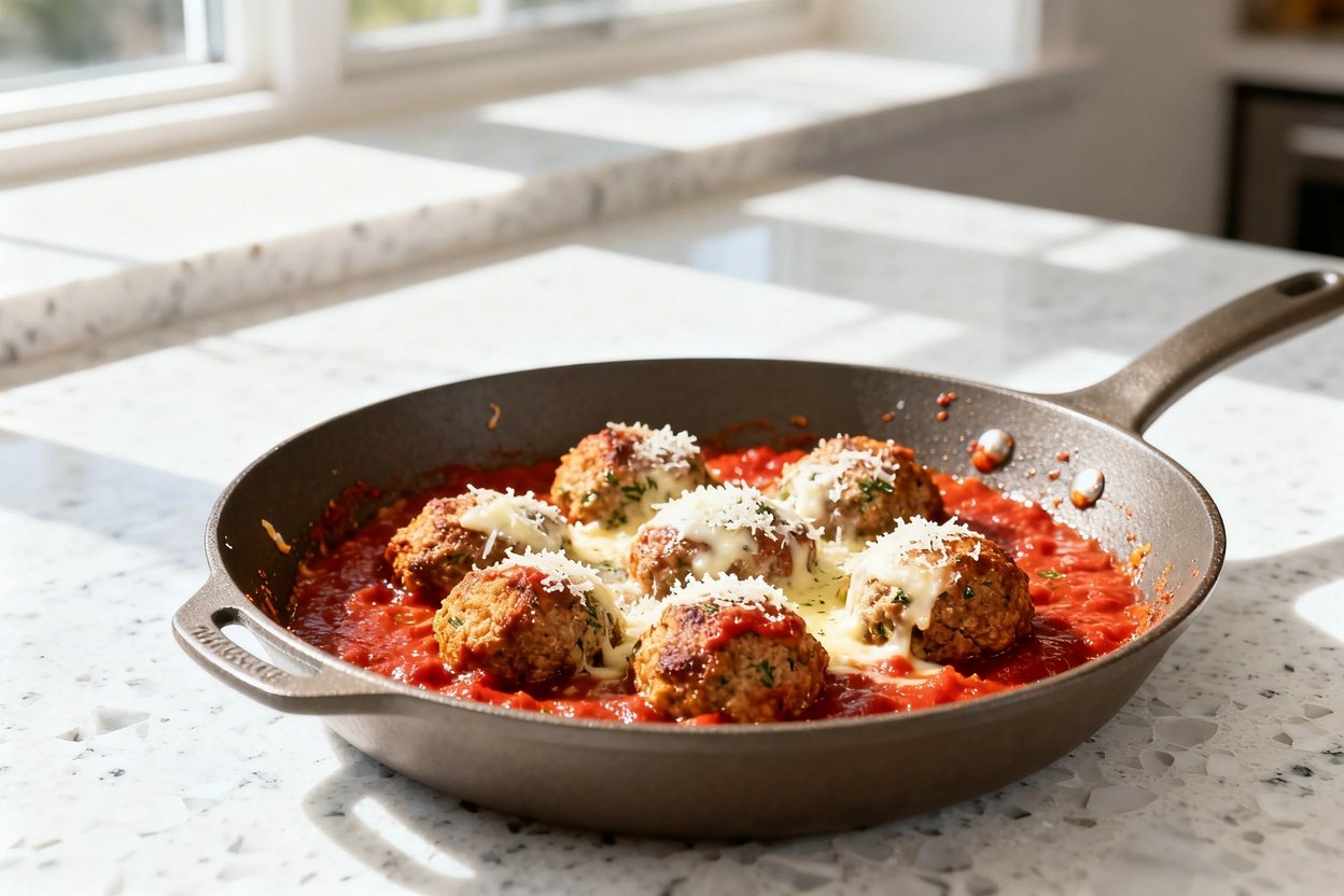 0–40 degrees) realistic food photo of the exact same low carb Italian meatball skillet during the sa