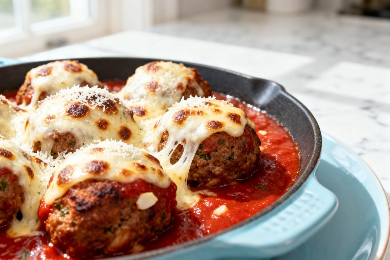 shot (30–45 degrees) of the same finished low carb Italian meatball skillet plated on the same ligh