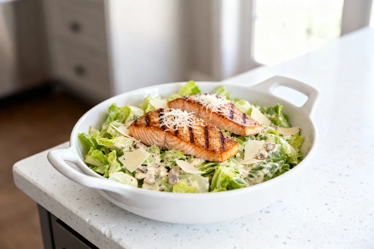 –40 degree view of the exact same finished Low Carb Salmon Caesar Salad from the same cooking sessio