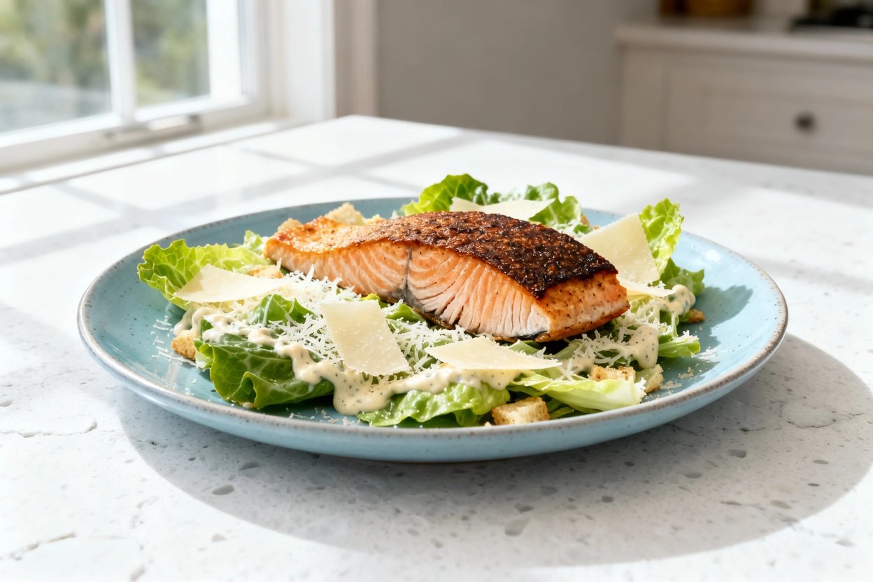  shot at 30–45 degrees of the same plated Low Carb Salmon Caesar Salad on the identical light blue c
