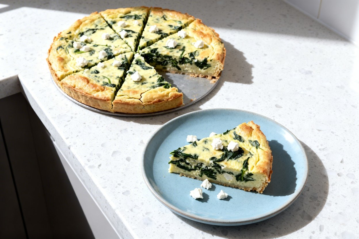 top-down food photo of a crustless low carb spinach and feta quiche (keto), baked as a round quiche