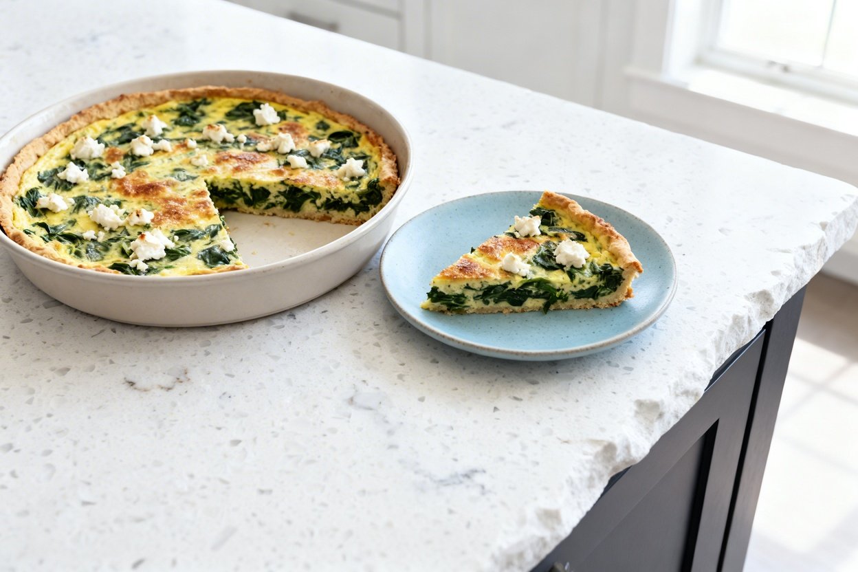 –40 degree view of the exact same crustless spinach and feta quiche from the same cooking session, s