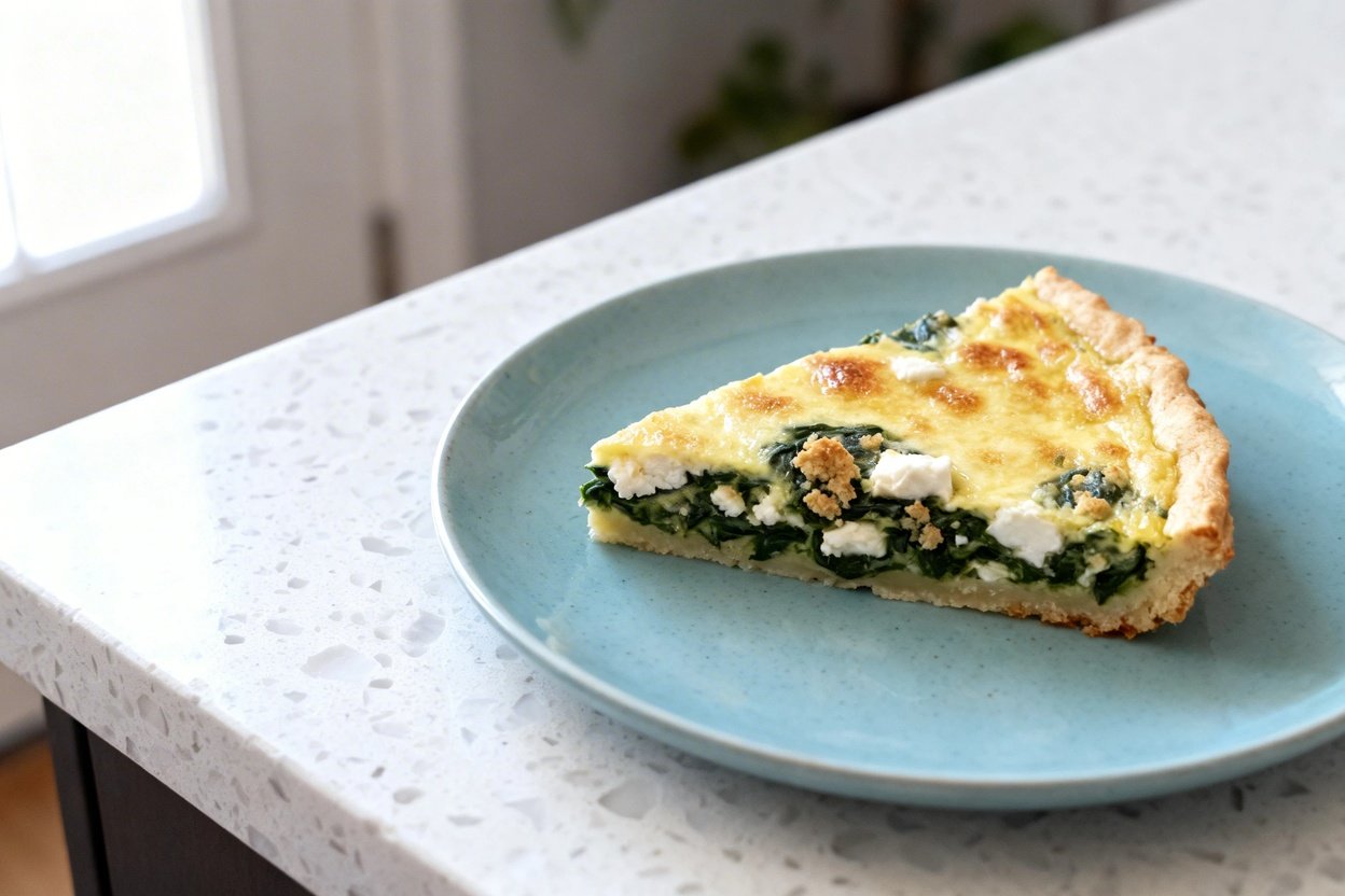  shot at ~35–45 degrees of the same plated slice of crustless low carb spinach and feta quiche on th