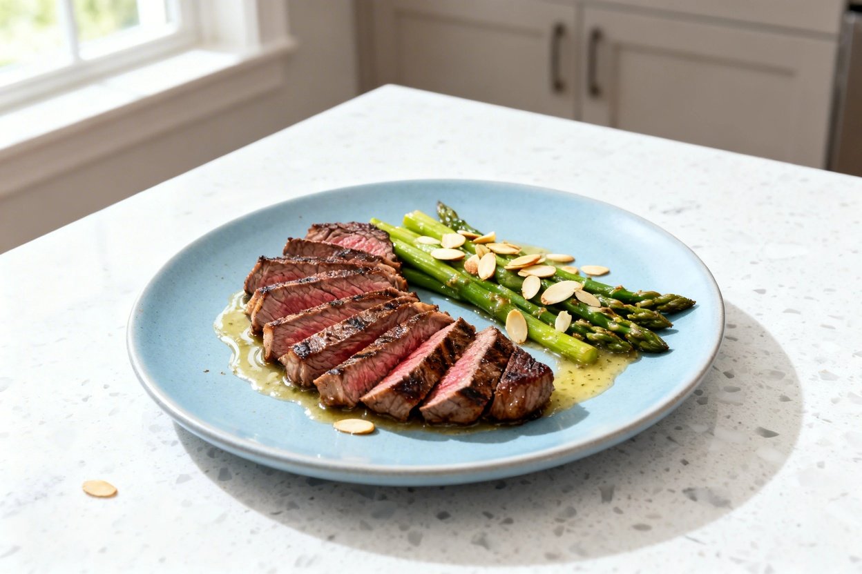 –40 degree perspective of the exact same finished keto meal components and presentation: sliced medi