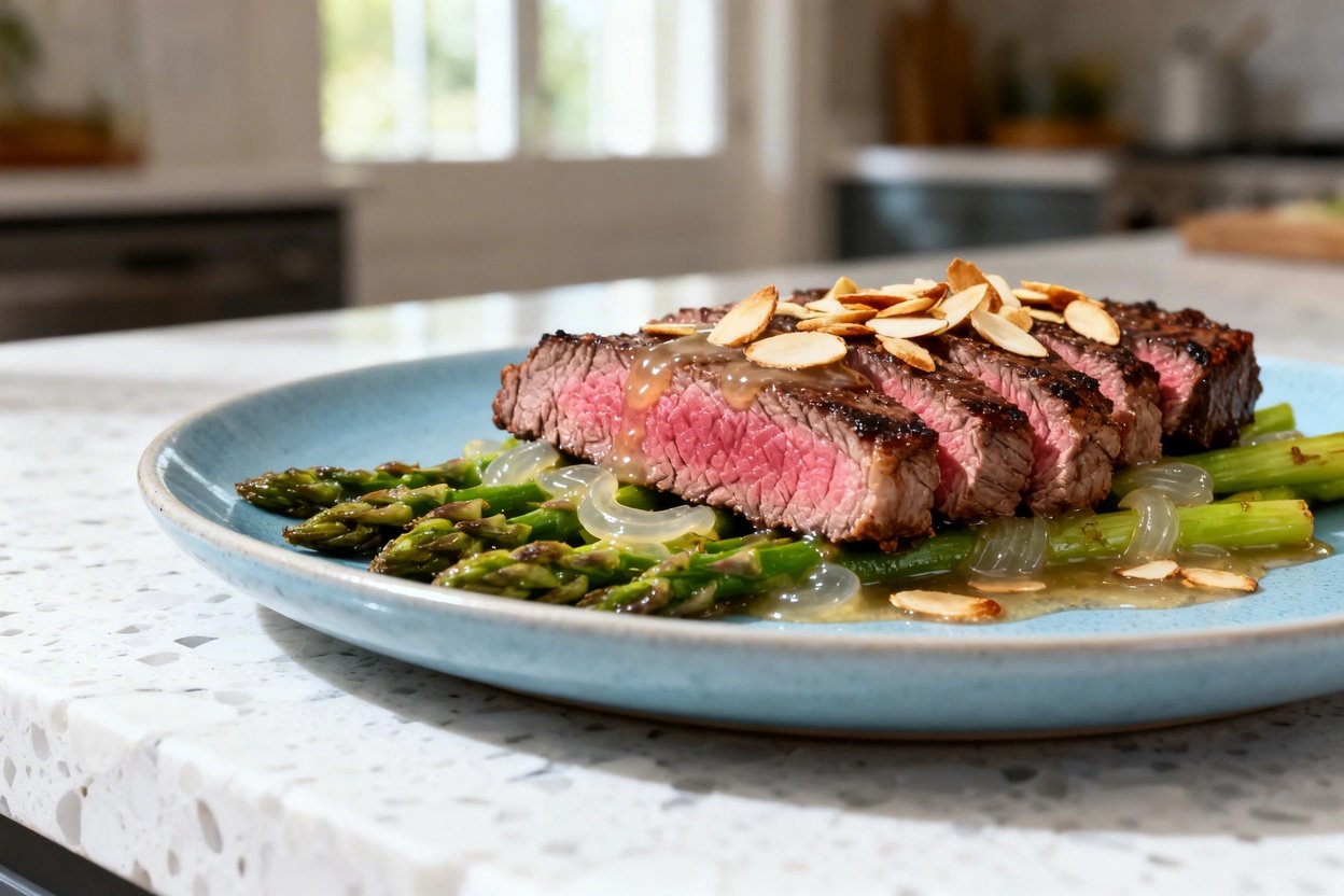  shot at roughly 30–45 degrees of the identical finished dish on the same light blue ceramic plate: 