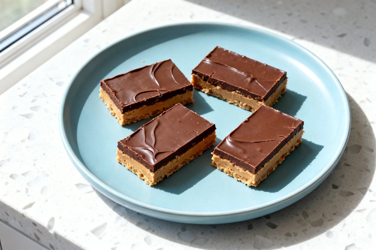 top-down food photo of no-bake keto chocolate peanut butter bars: uniform rectangular bars with sha