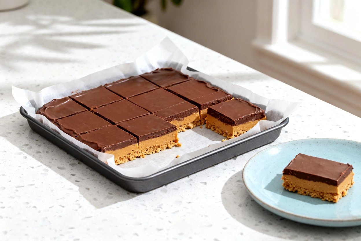 –40° perspective of the exact same finished no-bake keto chocolate peanut butter bars (same size, th