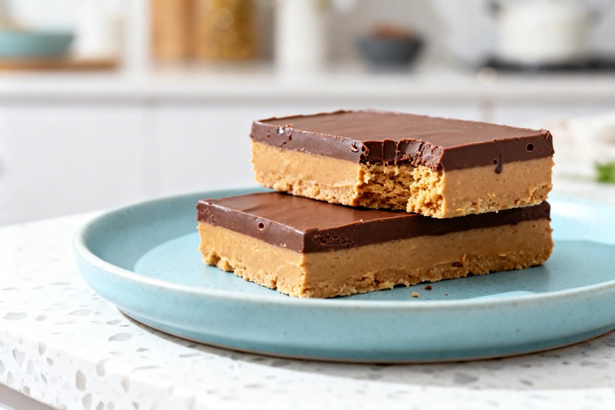 shot at ~35–45° of the same no-bake keto chocolate peanut butter bars plated on the same style ligh