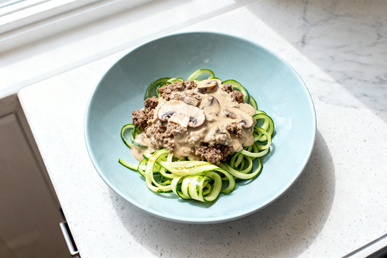 top-down food photograph of a single serving of creamy one-pan keto beef stroganoff made with browne